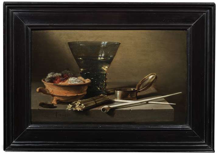 A Toebackje: a Still Life with a Berkemeier, Matches, clay Pipes, a Tobacco Box, and a Brazier.
